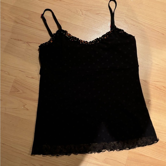 Black Polka Dot Women's Top With Flowers Details Made in Montreal - Picture 2 of 4